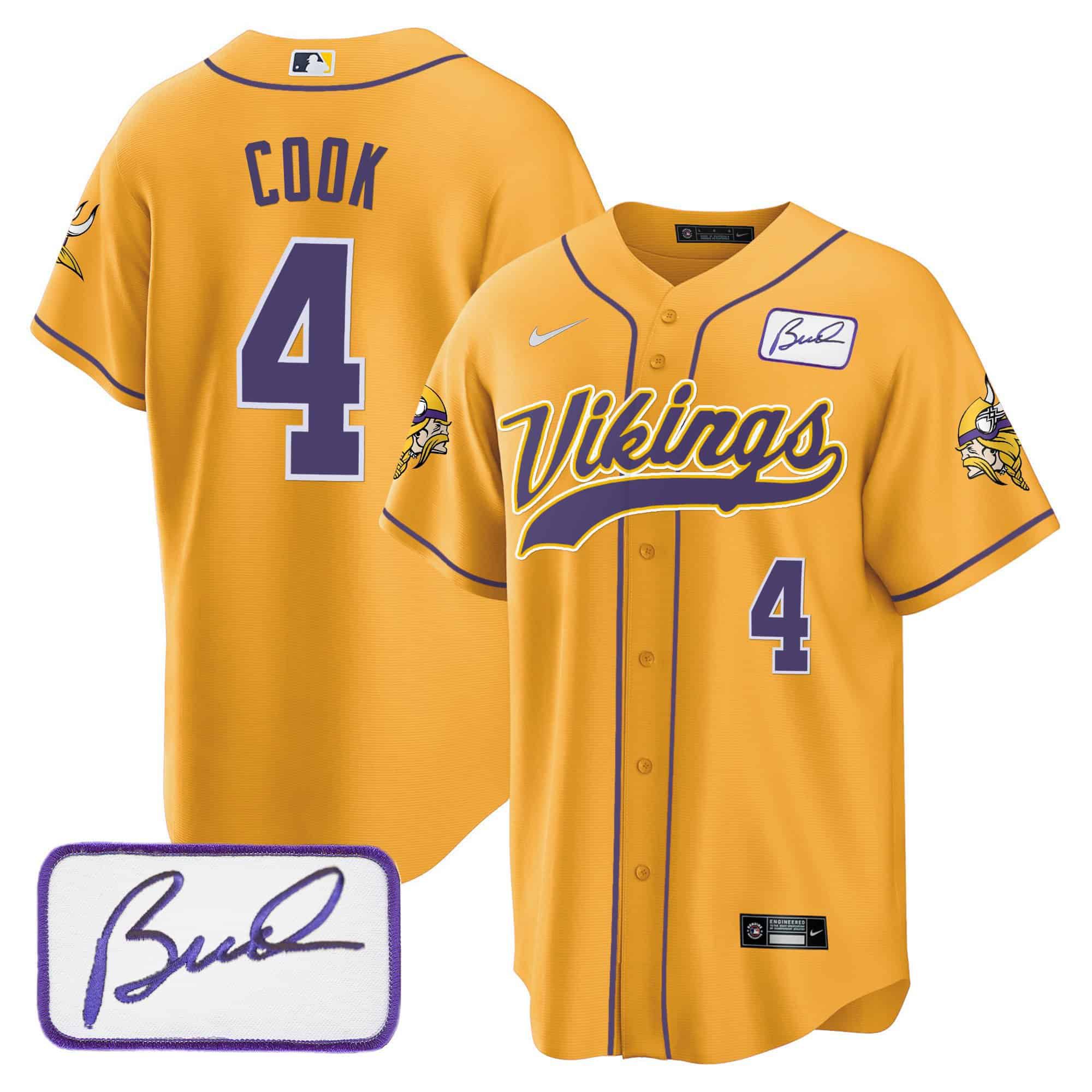 Men Minnesota Vikings #4 Cook Yellow 2024 Nike Bud Grant Patch Classic Baseball NFL Jersey